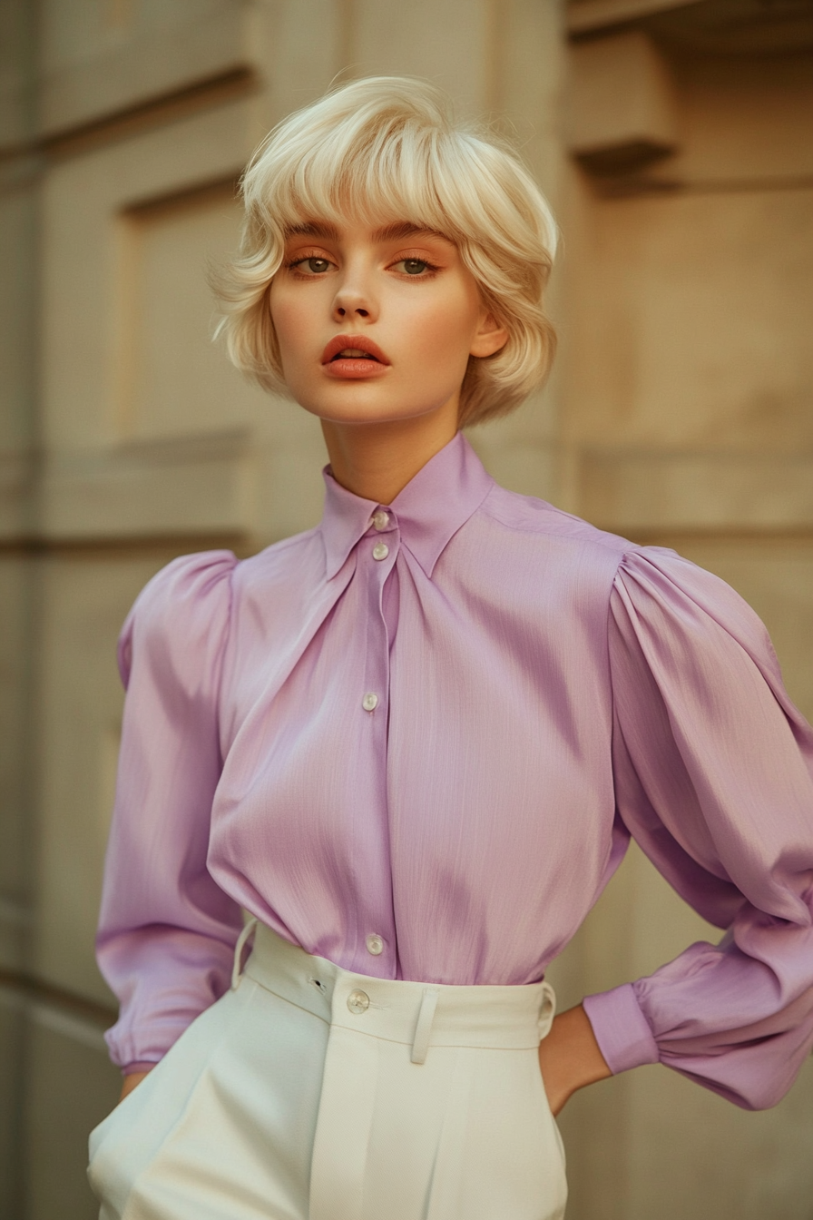 Classic style. Off-white tailored trousers, lavender blouse, face-framing layered haircut.