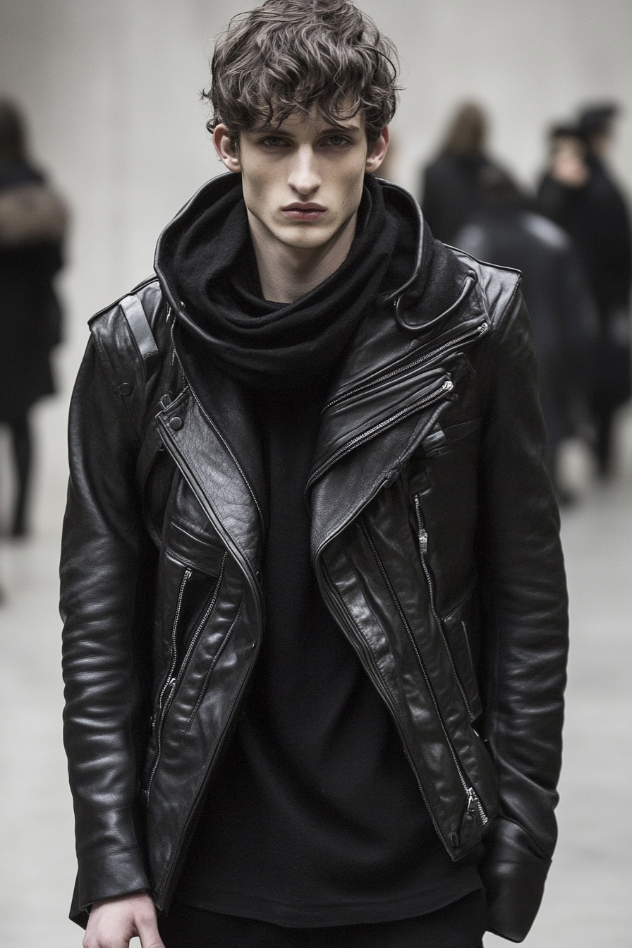 Men's modern style. Black layered leather jacket.